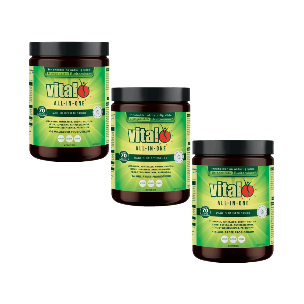 25% rabatt Vital All In One One daglig helsetilskuddssett med 3 x 300 g bokser