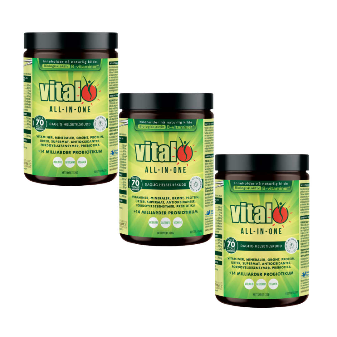 25% rabatt Vital All In One daglig helsetilskuddssett med 3 x 120 g bokser