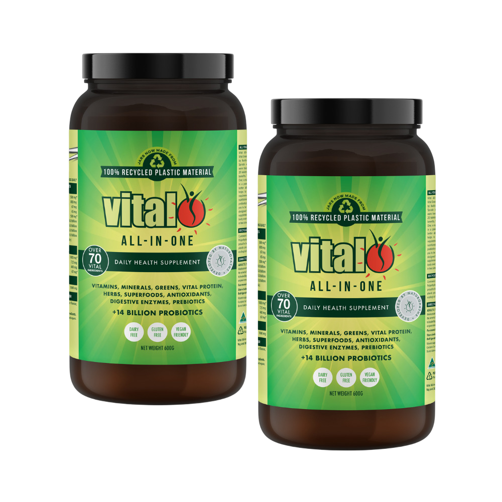 40% rabatt  Vital All In One daglig helsetilskuddssett med 2 x 600g bokser