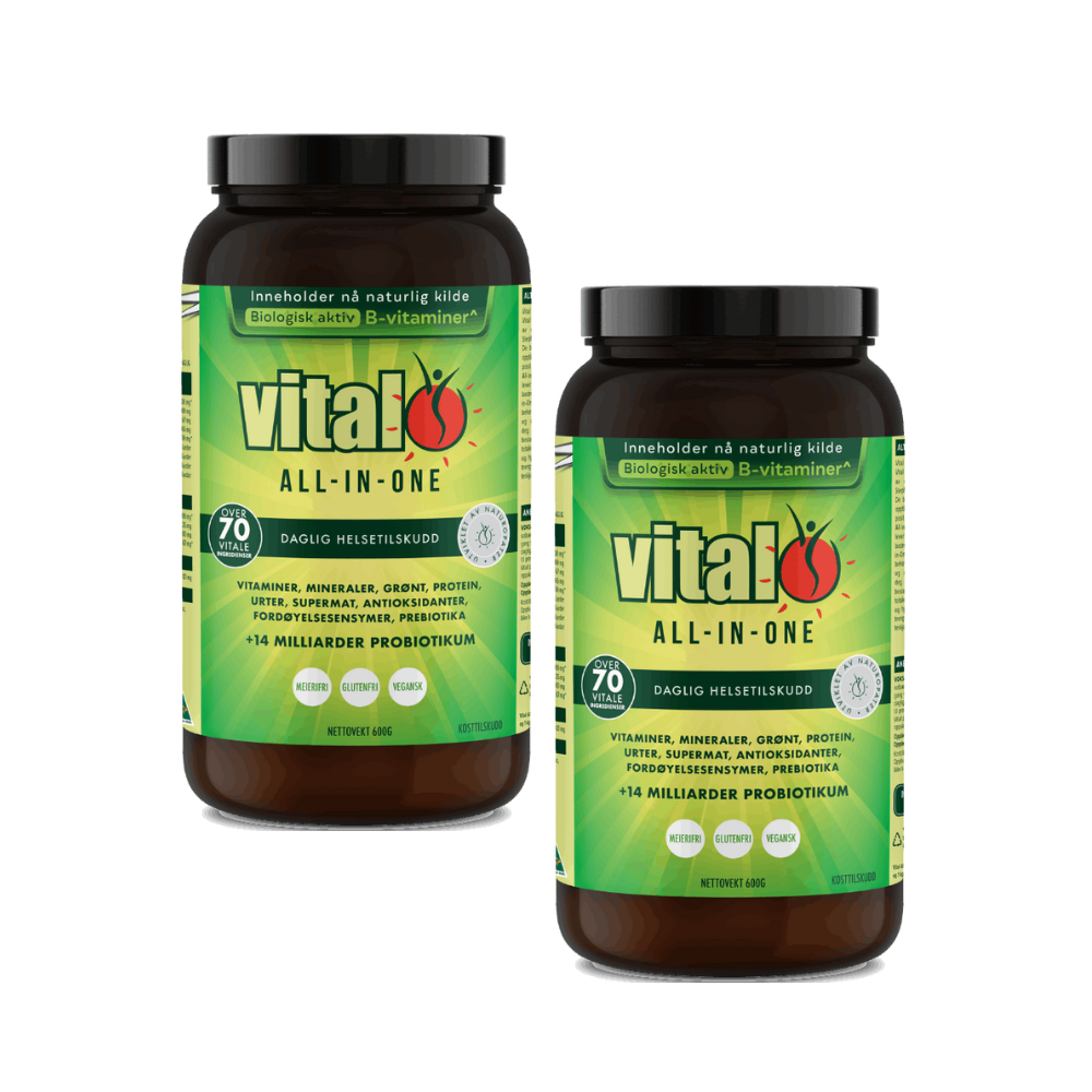 40% rabatt  Vital All In One daglig helsetilskuddssett med 2 x 600g bokser
